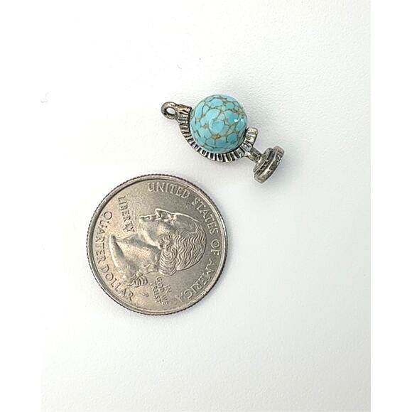 Vintage Turquoise Globe Charm – Silver Tone Miniature World Pendant. - Picture 2 of 4